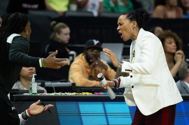 South Carolina Gamecocks head coach Dawn Staley reacts during the NCAA Women’s Basketball Tournament Elite 8 at Golden 1 Center in Sacramento on Monday, March 30, 2026.